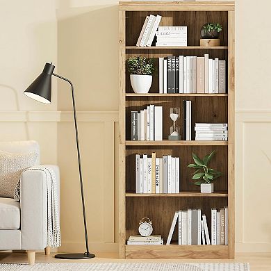 5-Tier Tall Bookcase with Anti-Tip Design, Open Oak Shelf for Living Room