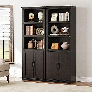 5-Tier Bookcase with Doors & Adjustable Shelves, Tall Wood Storage Cabinet