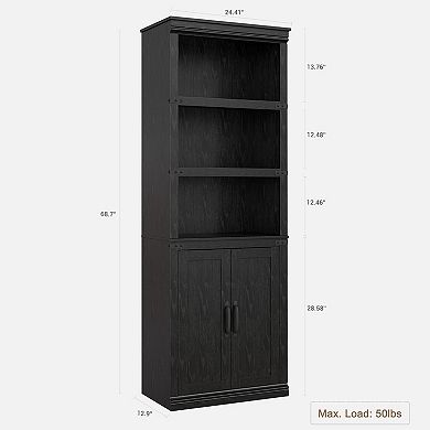 5-Tier Bookcase with Doors & Adjustable Shelves, Tall Wood Storage Cabinet