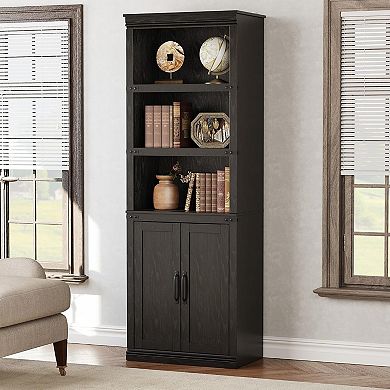 5-Tier Bookcase with Doors & Adjustable Shelves, Tall Wood Storage Cabinet