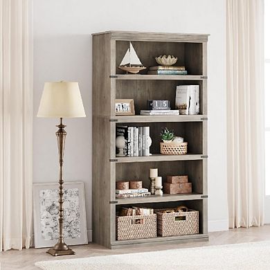 5-Tier Farmhouse Bookcase, Tall Wood Storage Shelf for Home Office