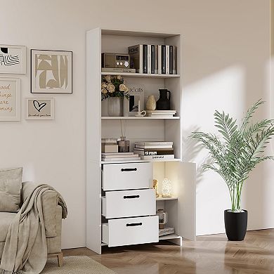 6-Tier Bookcase with Door, 3 Drawers & Open Shelves, Versatile Storage Cabinet