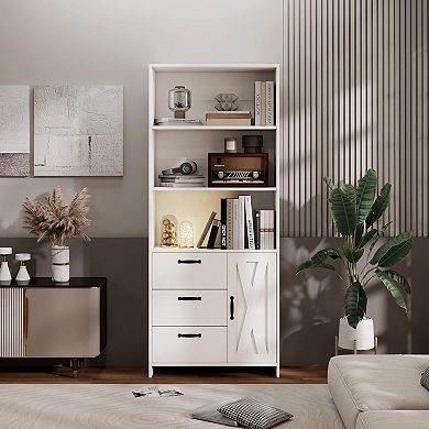 6-Tier Bookcase with Door, 3 Drawers & Open Shelves, Versatile Storage Cabinet