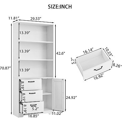 6-Tier Bookcase with Door, 3 Drawers & Open Shelves, Versatile Storage Cabinet