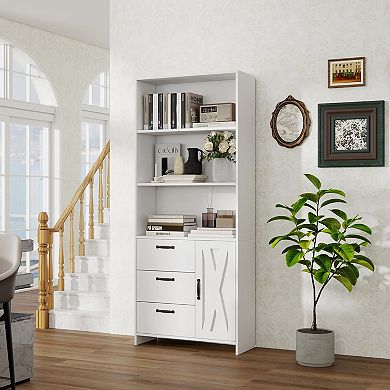 6-Tier Bookcase with Door, 3 Drawers & Open Shelves, Versatile Storage Cabinet