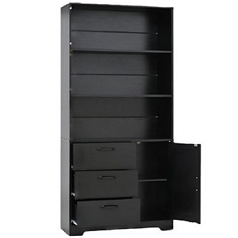 6 tier Bookcase with Door, 3 Drawers & Open Shelves, Versatile Storage Cabinet