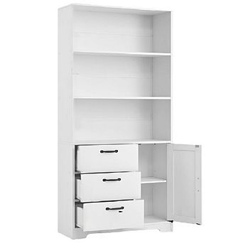 6 tier Bookcase with Door, 3 Drawers & Open Shelves, Versatile Storage Cabinet