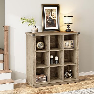 9-Cube Farmhouse Bookshelf, 4-Tier Long Storage Organizer for Living Room
