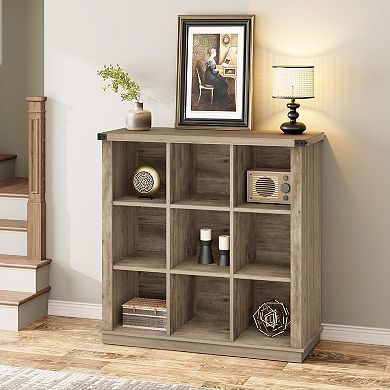 9-Cube Farmhouse Bookshelf, 4-Tier Long Storage Organizer for Living Room