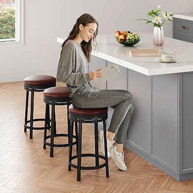 24" Backless Swivel Bar Stools Set of 2, PU Leather with Metal Footrest for Kitchen Island
