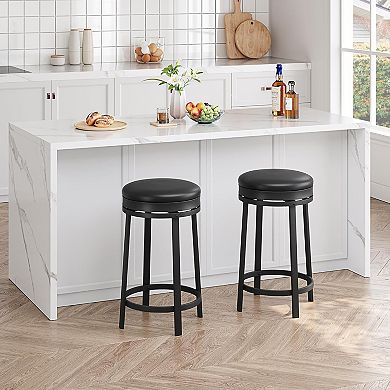 24" Backless Swivel Bar Stools Set of 2, PU Leather with Metal Footrest for Kitchen Island