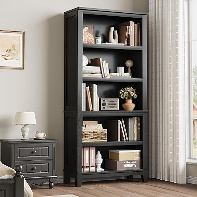 5-Tier Farmhouse Shelf with Wooden Legs, Adjustable Width Bookcase