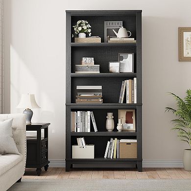 5-Tier Farmhouse Shelf with Wooden Legs, Adjustable Width Bookcase