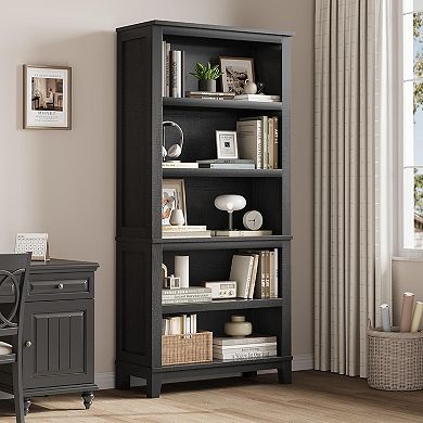 5-Tier Farmhouse Shelf with Wooden Legs, Adjustable Width Bookcase