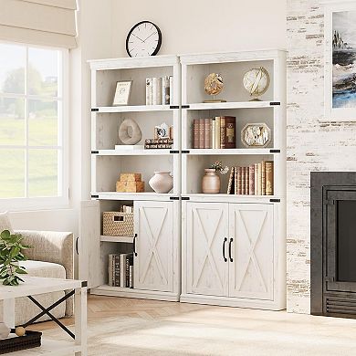 Wood Bookshelf with Cabinet Doors, Floor Standing Office Storage Cabinet