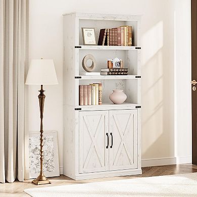 Wood Bookshelf with Cabinet Doors, Floor Standing Office Storage Cabinet