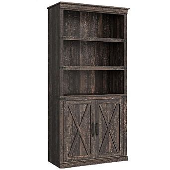 Wood Bookshelf with Cabinet Doors, Floor Standing Office Storage Cabinet