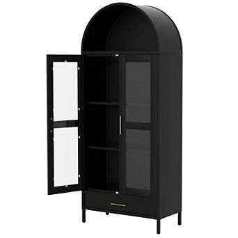 Arched Metal Storage Cabinet with Glass Doors, Drawer & Adjustable Shelves