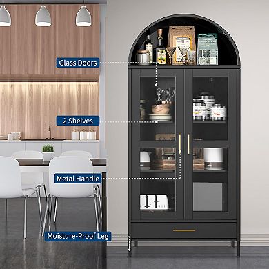 Arched Metal Storage Cabinet with Glass Doors, Drawer & Adjustable Shelves