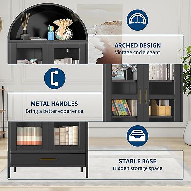 Arched Metal Storage Cabinet with Glass Doors, Drawer & Adjustable Shelves