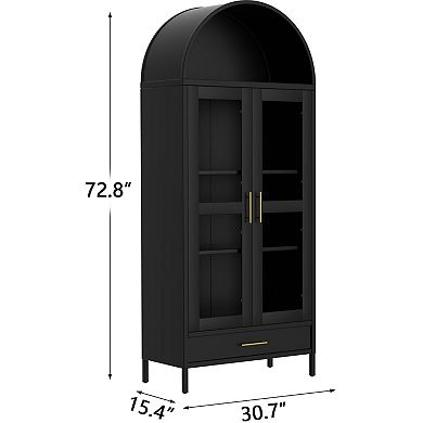 Arched Metal Storage Cabinet with Glass Doors, Drawer & Adjustable Shelves