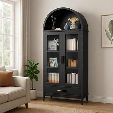 Arched Metal Storage Cabinet with Glass Doors, Drawer & Adjustable Shelves