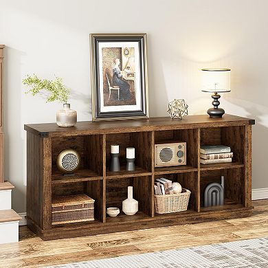 8-Cube Farmhouse Organizer, Long Low Storage Shelf with Rustic Wood Grain