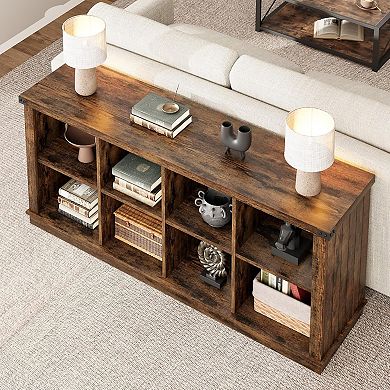 8-Cube Farmhouse Organizer, Long Low Storage Shelf with Rustic Wood Grain