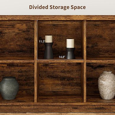 8-Cube Farmhouse Organizer, Long Low Storage Shelf with Rustic Wood Grain