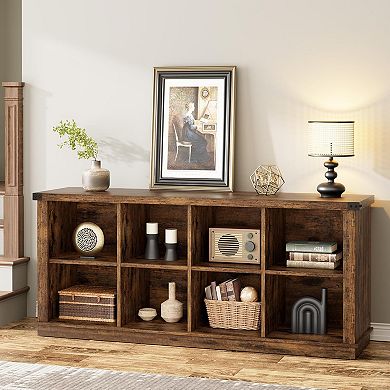 8-Cube Farmhouse Organizer, Long Low Storage Shelf with Rustic Wood Grain