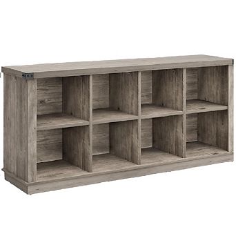 8-Cube Farmhouse Organizer, Long Low Storage Shelf with Rustic Wood Grain