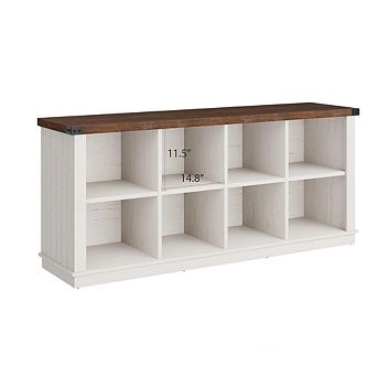 8-Cube Farmhouse Organizer, Long Low Storage Shelf with Rustic Wood Grain