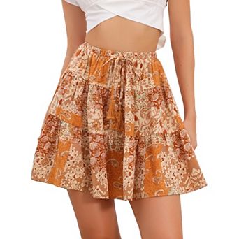 Boho Floral Mini Skirt for Women Casual Summer High Waist Drawstring Flowy Skirts