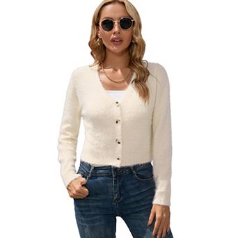 Women's Cropped Cardigan V Neck Long Sleeve Soft Knit Rib Bolero Shrugs Sweater