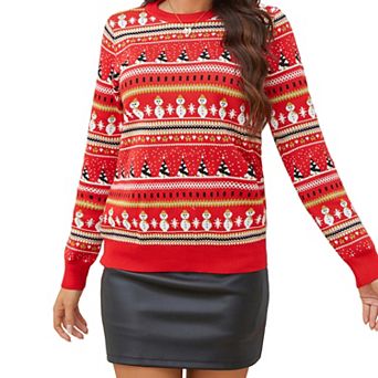 Women's Christmas Sweater Pullover Crewneck Long Sleeve Snowflake Snowman Patterns Knitted Sweaters