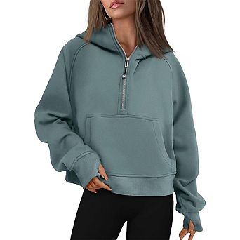 Women's Sweatshirts Half Zip Cropped Pullover Fleece Quarter Zipper Hoodies with Thumb Hole