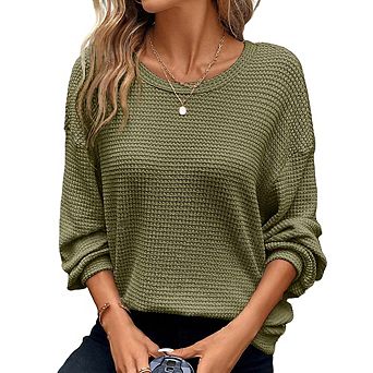 Women's Waffle Knit Crew Neck Drop Shoulder Sweatshirt Oversized Solid Color Casual Commute Top