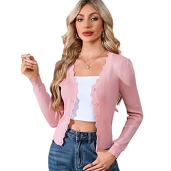 Women's Scalloped V-Neck Cropped Cardigan Sweaters Long Sleeve Button Down Knit Bolero Shrug