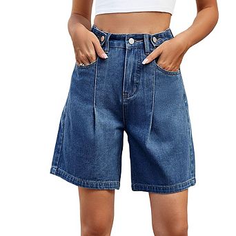 Women's Washed Denim Capris Pants Adjustable Waistband Loose Fit Casual Slimming Mid-Length Shorts