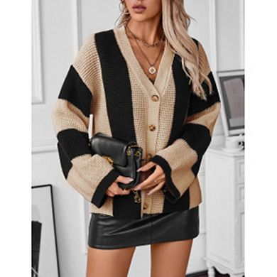 Women's Chic Color Block Striped Sweater Loose Button Front Versatile Knit Cardigan