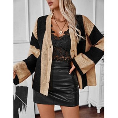 Women's Chic Color Block Striped Sweater Loose Button Front Versatile Knit Cardigan