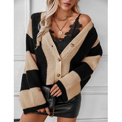 Women's Chic Color Block Striped Sweater Loose Button Front Versatile Knit Cardigan
