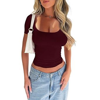 Women's Solid Color U-Neck Crop Top Slim Fit Short Sleeve T-Shirt for Commute Daily