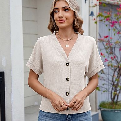 Women Loose Solid Color Short Sleeve T-Shirt Button Down V Neck Sweater Tops Casual Commute Work Top