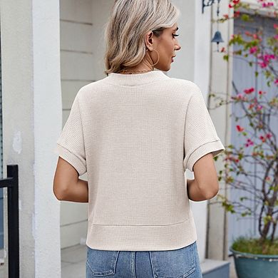 Women Loose Solid Color Short Sleeve T-Shirt Button Down V Neck Sweater Tops Casual Commute Work Top