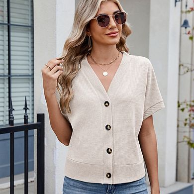 Women Loose Solid Color Short Sleeve T-Shirt Button Down V Neck Sweater Tops Casual Commute Work Top