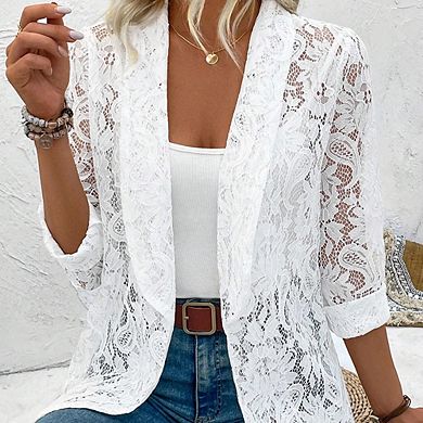 Women's Elegant Lace Shirt Jacket Fashion Blazer Style Solid Color Versatile Chic Top for Party