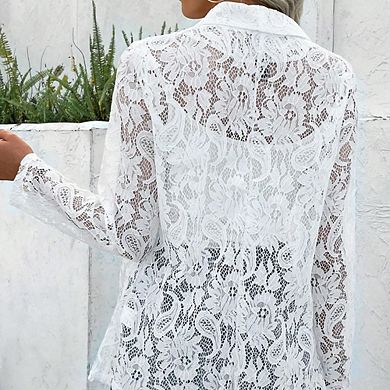 Women's Elegant Lace Shirt Jacket Fashion Blazer Style Solid Color Versatile Chic Top for Party