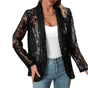 Women's Elegant Lace Shirt Jacket Fashion Blazer Style Solid Color Versatile Chic Top for Party