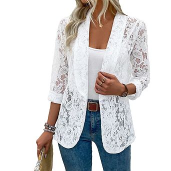 Women's Elegant Lace Shirt Jacket Fashion Blazer Style Solid Color Versatile Chic Top for Party